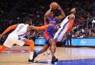Paul George taking a hit to force an Offensive foul against Pistons